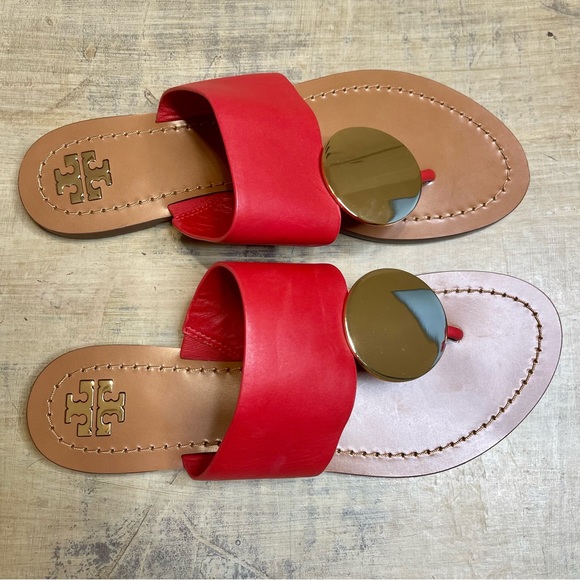 Tory Burch Patos Disk Thong Leather Sandals, Brilliant Red/Gold Size 7M - Picture 5 of 8